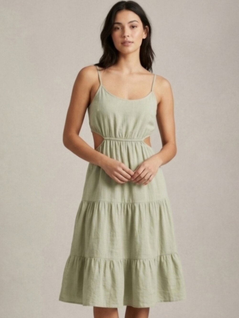Altar'd State Boho Flowy Light Sage Green Cutout Tiered Mini Sundress, Size M